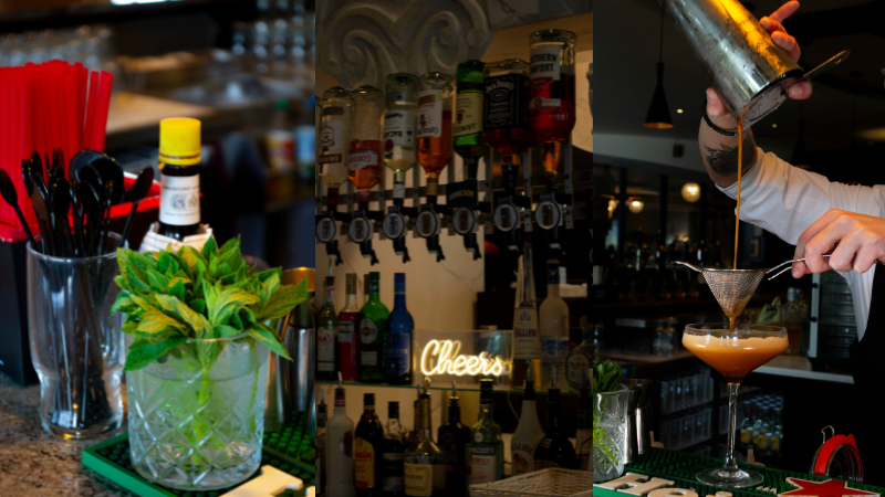 A trio of images featuring a bar scene, including the decor and the pouring of an espresso martini.